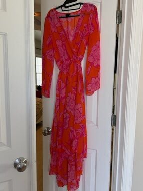 Long Sleeve Floral Wrap Maxi Dress in Orange and Pink